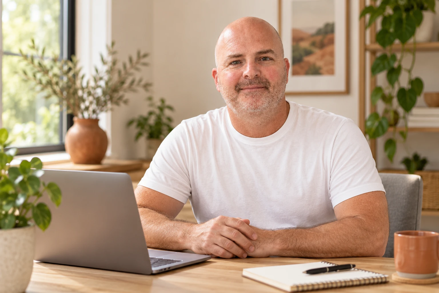 Andrew at his timber desk with a laptop in a light-filled workspace